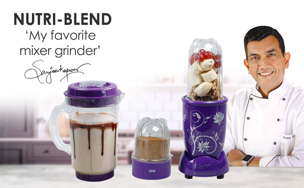 Nutri-blend Juicer, Mixer, Grinder, Blender & Smoothie Maker | 500W 22000 RPM 100% Full Copper Motor | Stainless steel Blades | 3 unbreakable jars | 2 Years warranty | Recipe book by Chef Sanjeev Kapoor | Purple