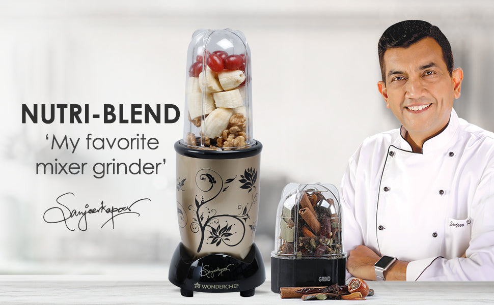 Nutri-blend 500W Juicer Mixer Grinder | Smoothie Maker Blender | 22,000 RPM Full Copper Motor | 2 Unbreakable Jars | Free Recipe Book by Chef Sanjeev Kapoor | 2 Year Warranty | Champagne