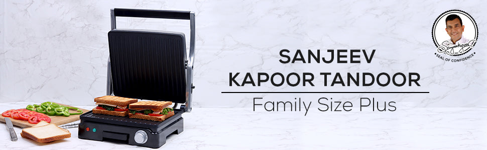 Sanjeev Kapoor Tandoor Family Size Plus| Electric Contact Grill & Sandwich Maker| 1800 Watt| Non-stick Grooves Healthy cooking | Super fast heating | 2 Year Warranty| Black & Silver