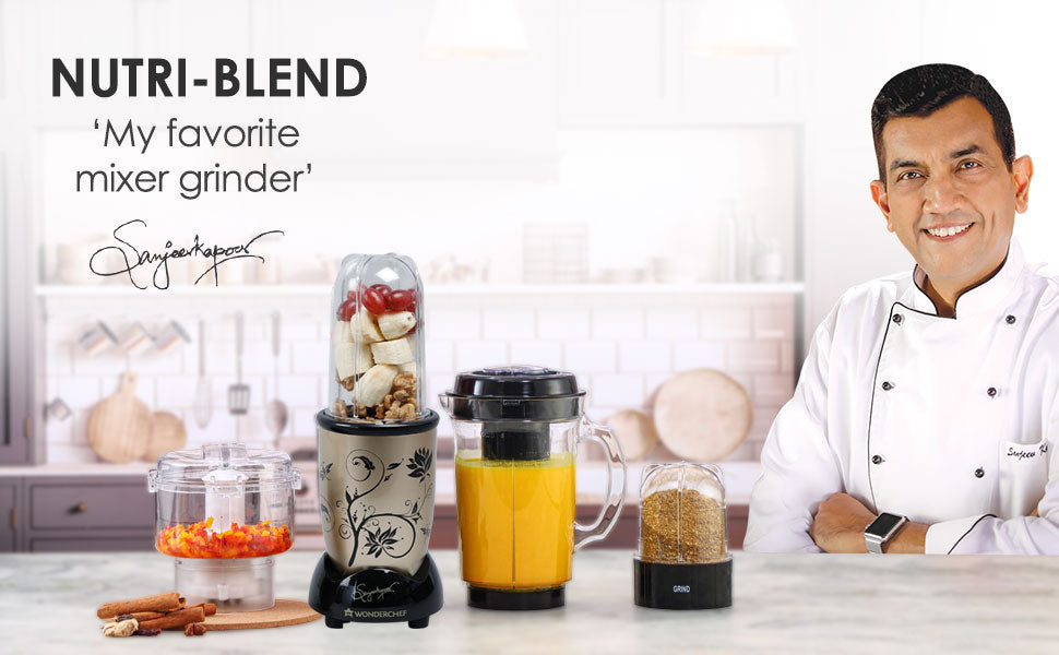 Nutri-blend Juicer, Mixer, Grinder, Smoothie Maker & Chopper | Complete Kitchen Machine | 22000 RPM Blender, Chopper, Juicer | 500W 100% Full Copper Motor | SS Blades | 4 Unbreakable Jars | 2 Years Warranty | Recipe Book By Chef Sanjeev Kapoor | Champagne