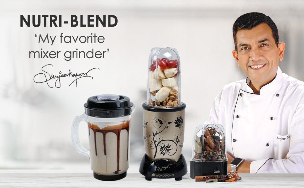 Nutri-blend Juicer, Mixer, Grinder, Blender & Smoothie Maker | 500W 22000 RPM 100% Full Copper Motor | Stainless steel Blades | 3 unbreakable jars | 2 Years warranty | Recipe book by Chef Sanjeev Kapoor | Champagne
