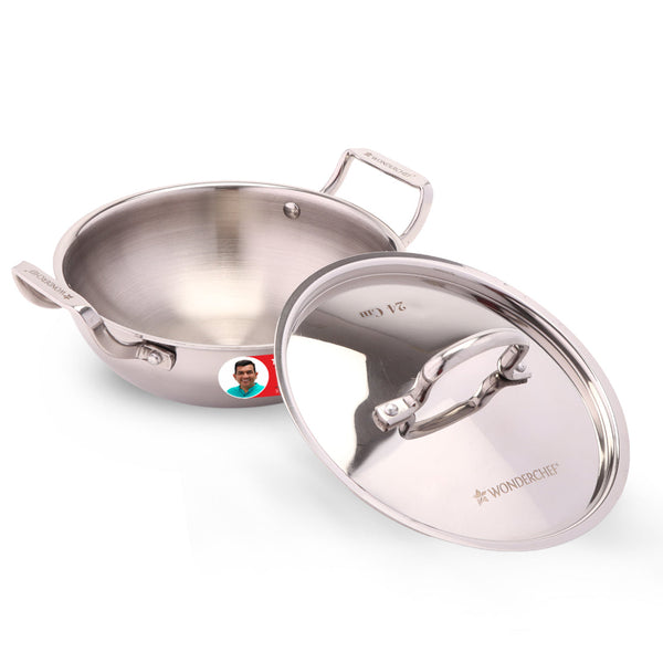 Stella Triply Stainless Steel Kadhai with Lid | 24 cm, 3 Litres | Compatible with Gas Stove, Induction, Ceramic Cooktop | Non-toxic | Uniform Heating | Heavy-duty Handle | 10-year Warranty