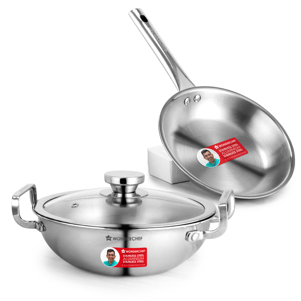 Stella Triply Stainless Steel Cookware Set | 3 Pcs. | Fry Pan 22 cm, Kadhai 22 cm + Lid | For Gas Stove, Induction, Ceramic Cooktop | Uniform Heating | Heavy-duty Handle | 10-year Warranty